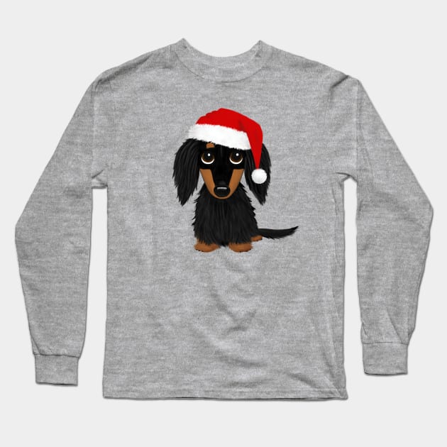 Longhaired Black and Tan Dachshund with Santa Hat Cute Christmas Dog Long Sleeve T-Shirt by Coffee Squirrel